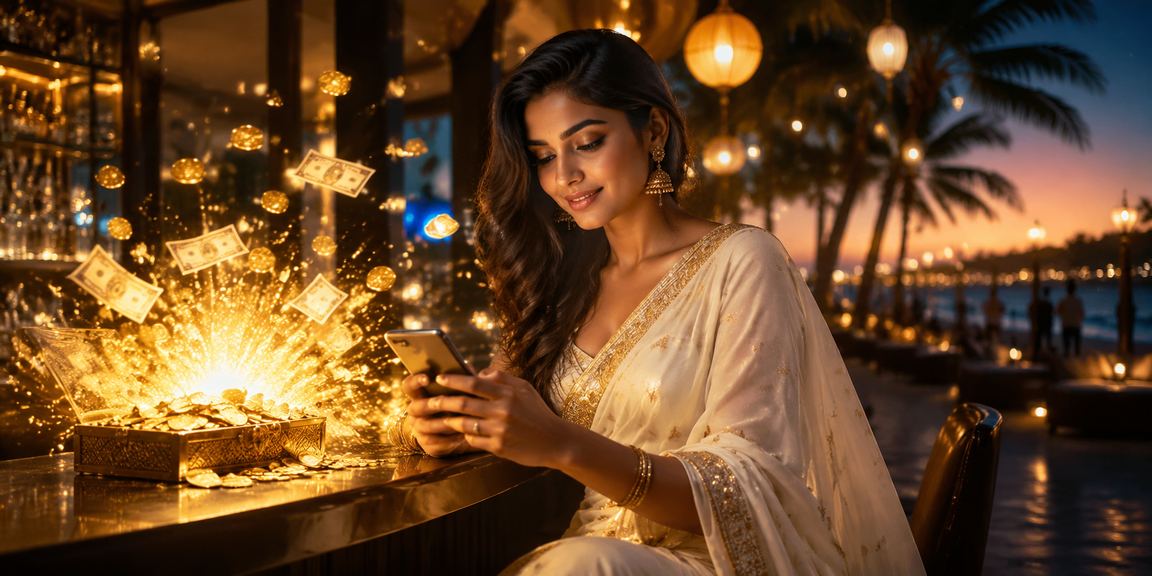 Goa beach scene with festive cashback bonus theme